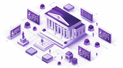 Modern Civic Center Design Featuring Digital Elements, Statues, and Community Interaction in a Futuristic Style