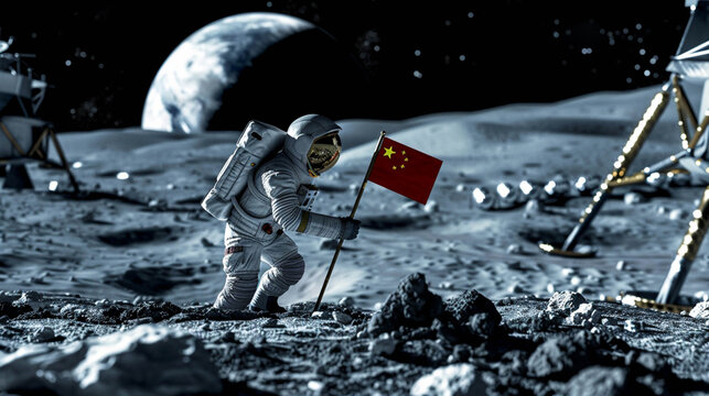 Close-up and focus on an astronaut puts Chinese flag on lunar soil near lunar modules. In the dark sky background the planet Earth.