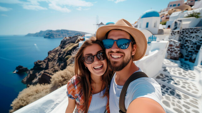 Happy smiling young couple wearing sunglasses pose for a selfie during a summer vacation in Oia, Santorini, Greece