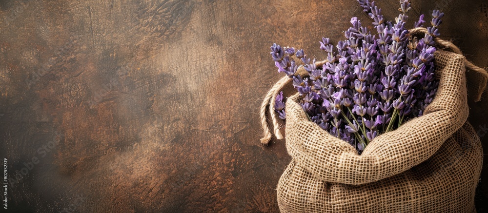 Poster lavender stems neatly arranged in a sack with copy space image