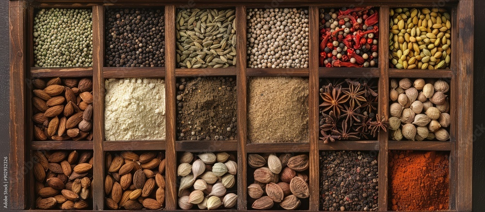 Poster Overhead shot showcasing a variety of spice seeds and powders in a wooden box Plenty of space for adding text or graphics in the image. Creative banner. Copyspace image