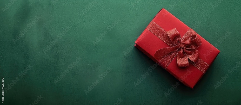 Aufkleber red gift box on a green backdrop with copy space image