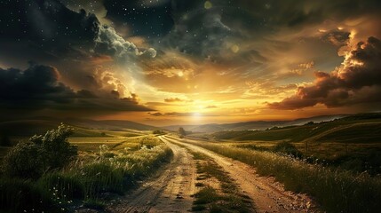 Golden Hour Road: Sunset, Countryside, Landscape Photography, Nature's Beauty