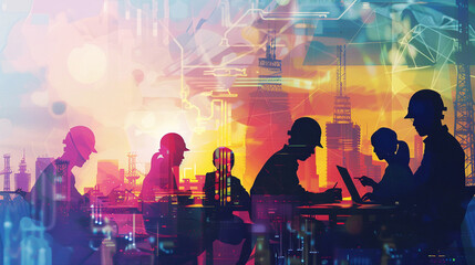 Silhouettes of diverse workers with technology backgrounds