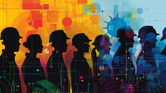 Silhouettes of diverse workers with data overlays
