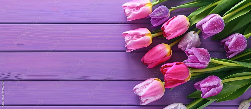Poster woman s day text with tulips overhead on a purple wooden background creating a cheerful copy space i