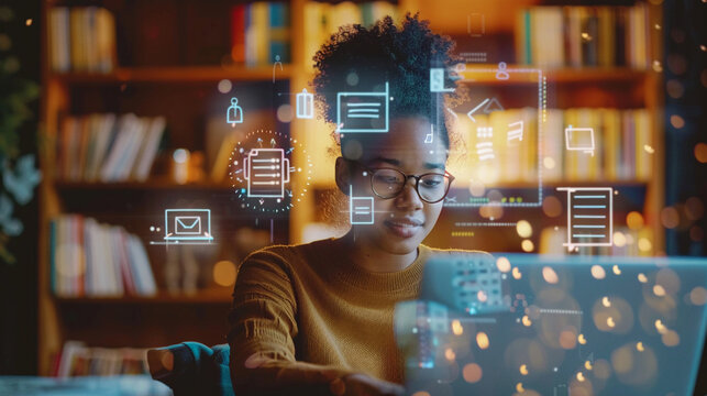 Student engaging in virtual learning with a laptop and floating digital icons for different learning tools