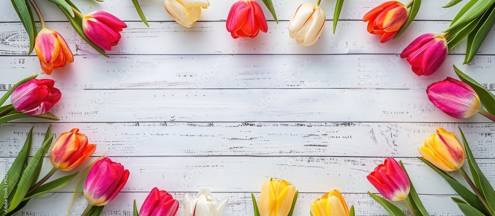 Aufkleber Spring themed holiday background featuring a colorful tulip frame on a white wooden surface suitable for Valentine s Day Women s Day and Mother s Day greeting cards Ideal for a top view copy space im