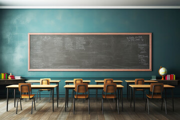 generated illustration of  empty classroom with many wooden chairs