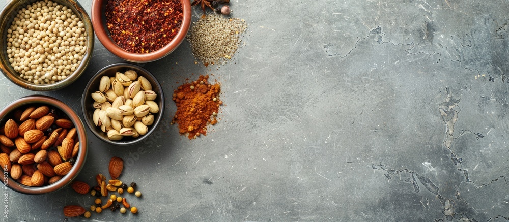 Poster Top view of various spices and nuts in a bowl on a textured light gray table with room for text in the image. Creative banner. Copyspace image