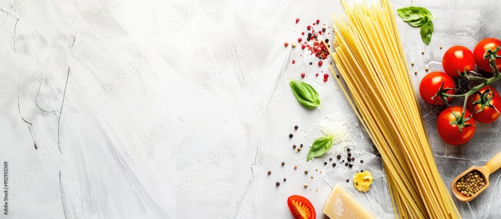Fototapete top view of raw italian spaghetti with vegetables on a white background displaying copy space image