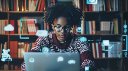 Student studying online with a laptop and floating icons for various e-learning tools