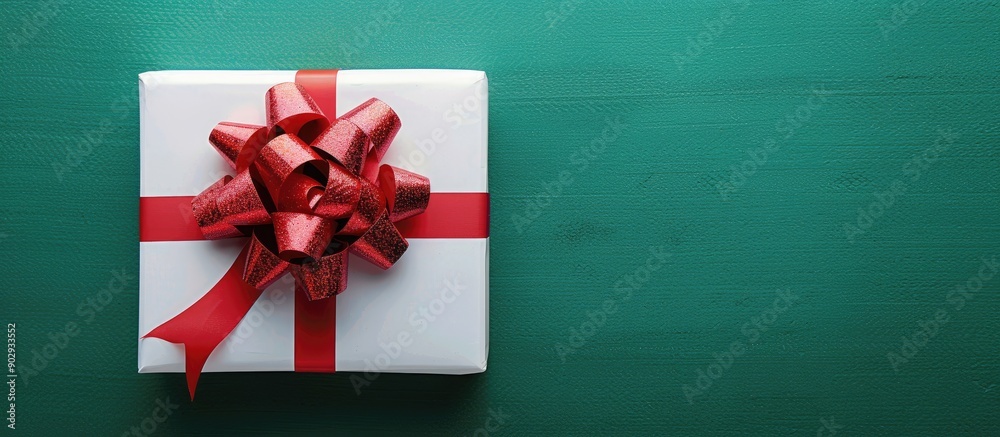 Poster White gift box with a large red bow set against a green backdrop allowing for a copy space image