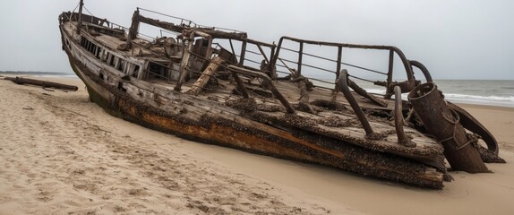 An abandoned shipwreck lies on a sandy beach, showcasing weathered decay against a tranquil ocean backdrop.