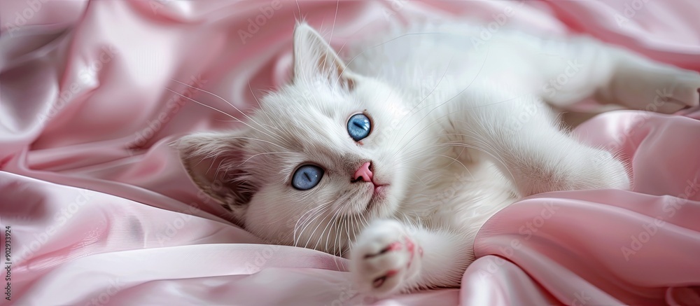 Poster a white british kitten with blue eyes is lying on its back on a pink fabric creating a lovely copy s