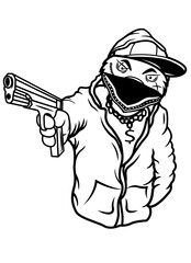 Naklejka premium Bandit Teddybear | Teddy bear | Teddybear with Gun | Bad Bear | Wild Teddy bear | Teddybear on Mask | Bandit | Gangster | Original Illustration | Vector and Clipart | Cutfile and Stencil