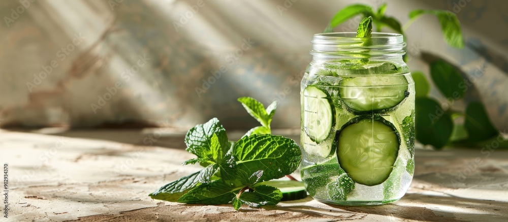 Canvas Prints glass jar with mint and cucumber infused water on a light backdrop is a delightful copy space image