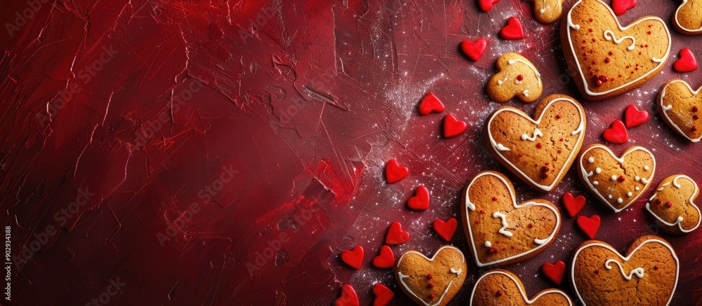 Poster valentine s day concept with heart shaped gingerbread cookies on a dark red background enhancing the
