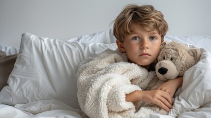Fototapeta premium Adorable Child Snuggling with Teddy Bear in Cozy Bed