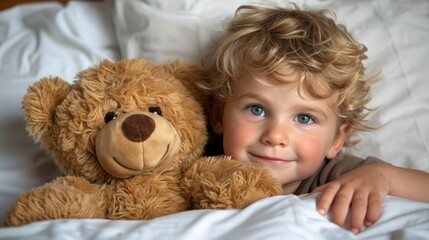 Adorable Child Snuggling with Teddy Bear in Cozy Bed