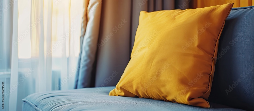 Poster a grey sofa with a yellow pillow showcased against a background with a curtain provides copy space f