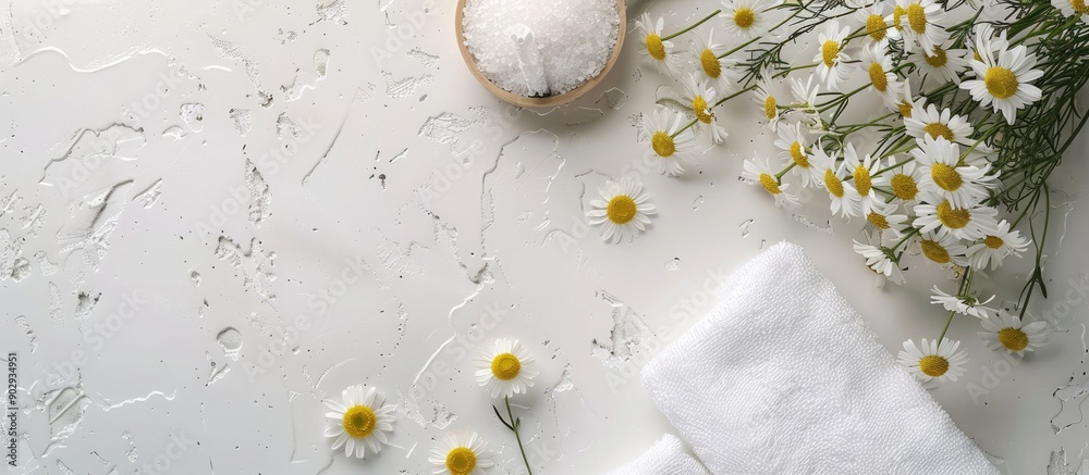 Poster Relaxation promoted with a spa setup featuring chamomile elements on a white textured backdrop for beauty treatments with room for text or images. Creative banner. Copyspace image