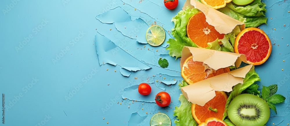 Aufkleber A torn paper with a healthy diet message against a blue background forming a symbolic representation of a healthy diet with empty space for additional content