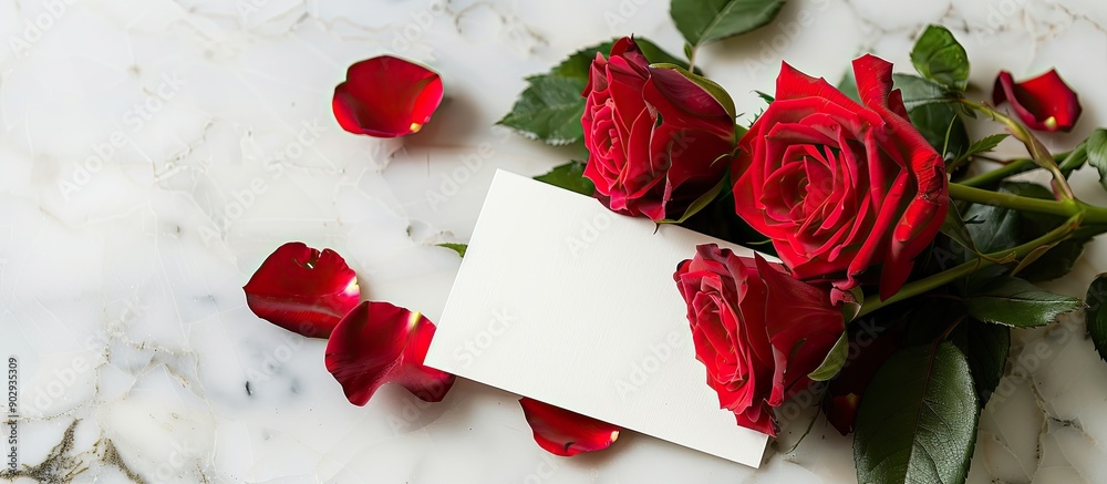 Poster White background with a card and roses for copy space image