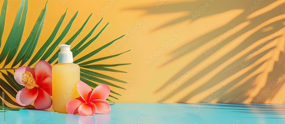Aufkleber Summer themed sunscreen lotion displayed on a table with vibrant color background for copy space image