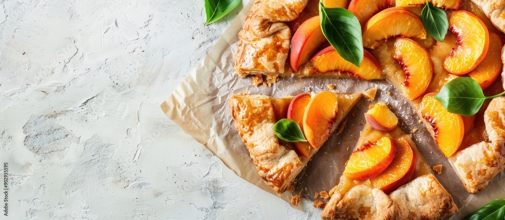 Poster light background with a serving board featuring pieces of delicious peach galette creating potential