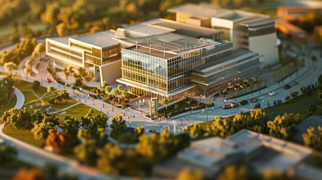 Generate a photo realistic image of a maquette depicting a technology park with research facilities, innovation centers, and collaborative workspaces; ensure the image is of high resolution
