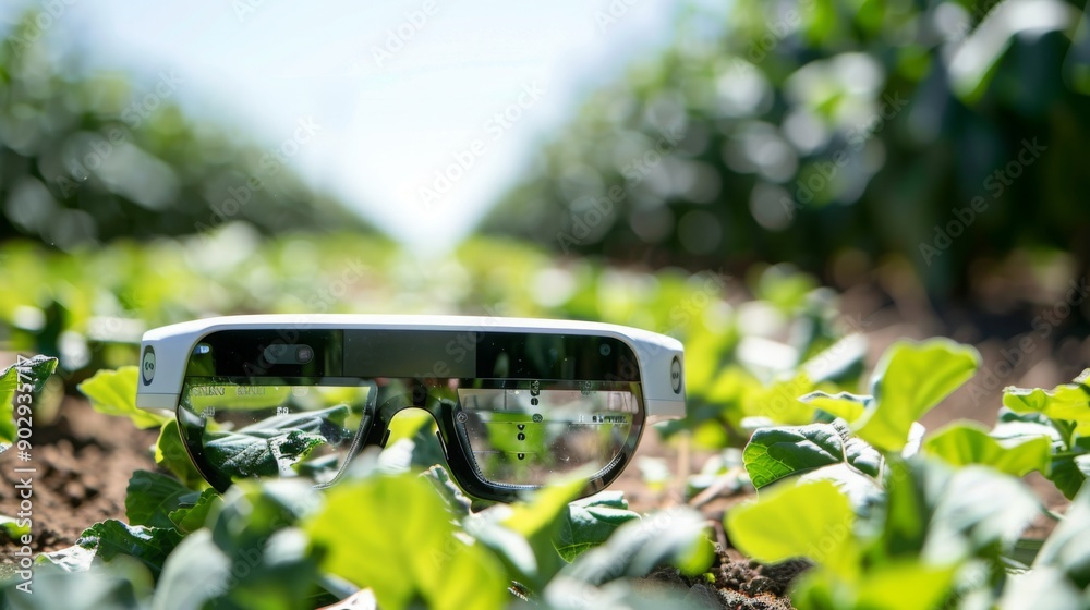 Poster A pair of smart glasses sits on the ground, partially obscured by green leaves. The glasses have a transparent display showing a grid pattern.