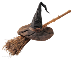 A witch's hat is flying through the air with a broomstick. The hat is black and brown, and the broomstick is wooden. The scene has a spooky and mysterious mood