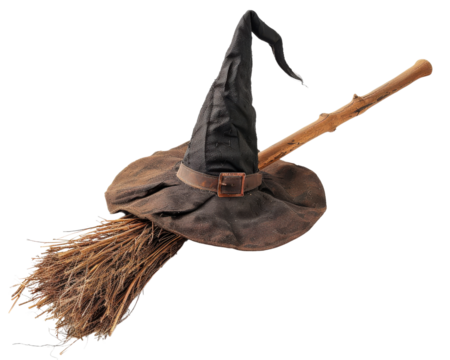 A witch's hat is flying through the air with a broomstick. The hat is black and brown, and the broomstick is wooden. The scene has a spooky and mysterious mood