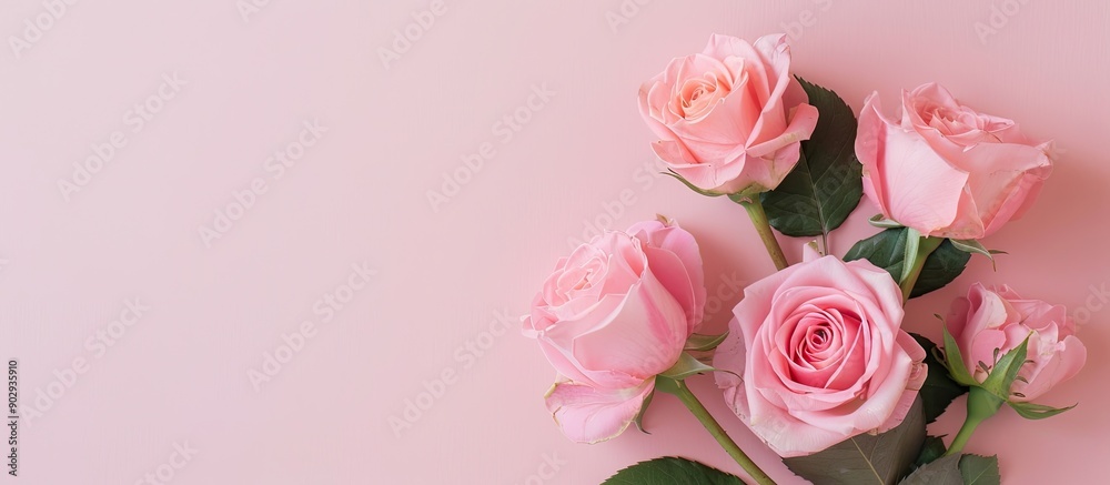 Poster top view flat lay of fresh pink roses on a pastel paper background with copy space image perfect for