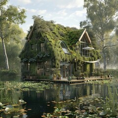 A garden house with a coffee shop and a koi pond.