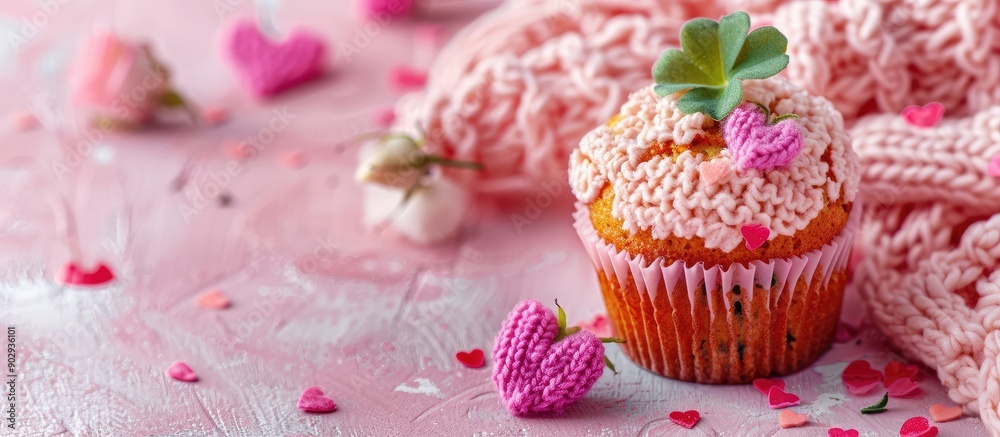 Poster homemade muffin on a pink coral stone surface with knitted hearts perfect for saint patrick s day wi