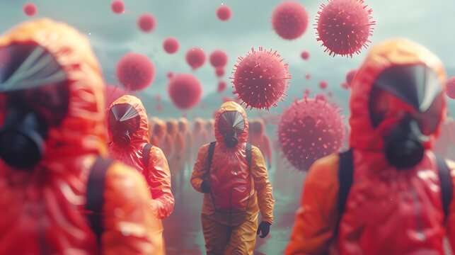 A Dystopian Scene of Hazmat Workers Amidst Floating Virus Particles - Powered by Adobe