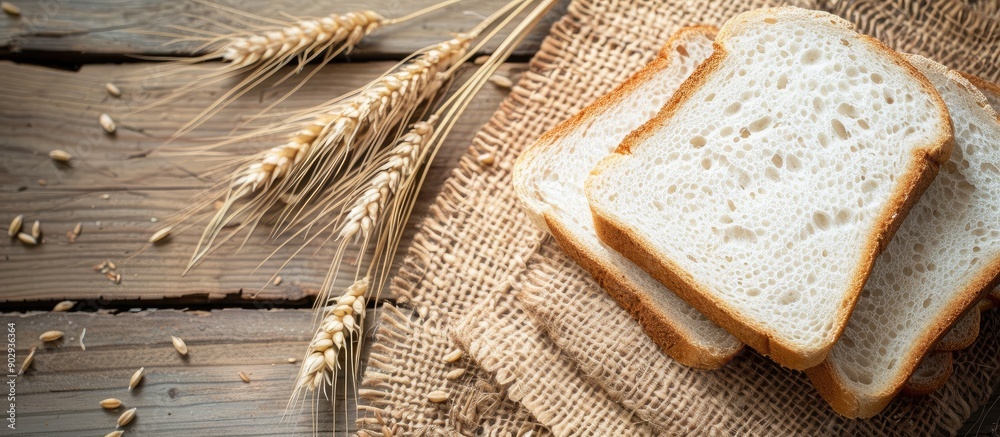 Aufkleber Copy space image of white bread slices and wheat ears displayed on burlap over a rustic wooden surface