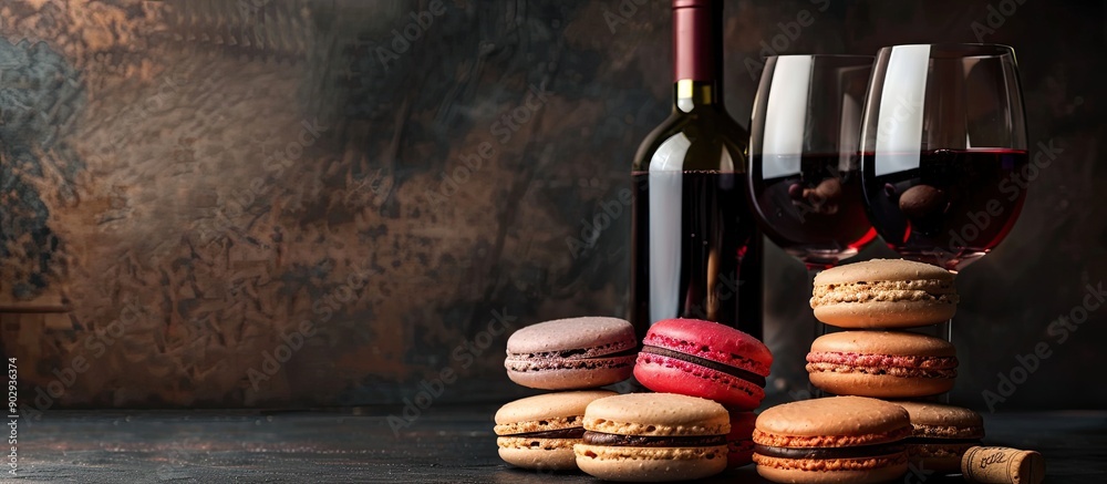 Poster sweet macarons wine bottle and glasses on a dark backdrop with available copy space image