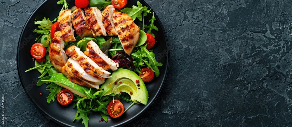Poster grilled chicken salad with fresh tomatoes avocado perfect for keto paleo diet menu highlighted in a 