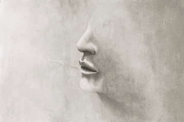 illustration of a stone face set in the wall, surreal abstract concept