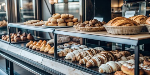 Bakery Counter Displaying Fresh Rolls and Croissants - Generative AI