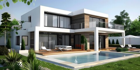 Fototapeta premium Modern Villa with Swimming Pool and Green Landscaping