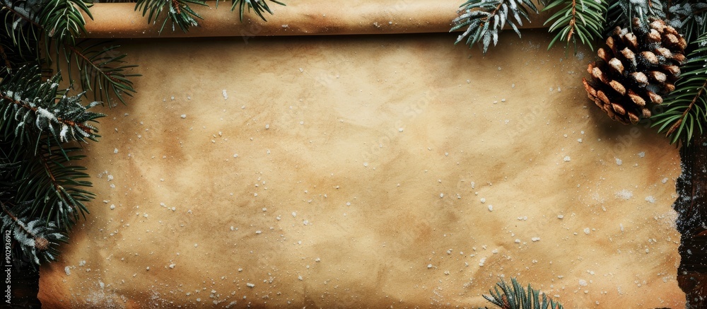 Aufkleber vintage parchment paper with room for text set against a backdrop of a christmas tree branch isolate
