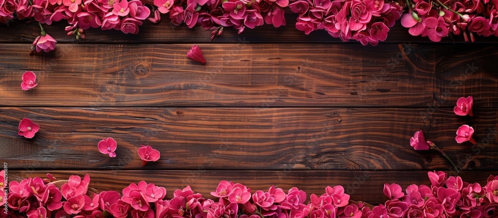 Poster Wooden background with a border of vibrant pink flowers creating a beautiful frame around a copy space image