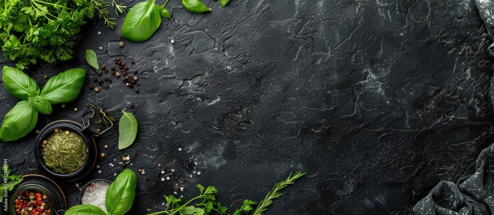 Leinwandbilder top view of herbs and condiments displayed on a black stone surface with copy space image available