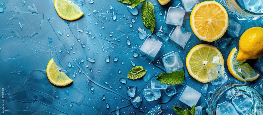 Poster background showcasing a refreshing summer theme featuring blue detox water fresh slices of lemon and