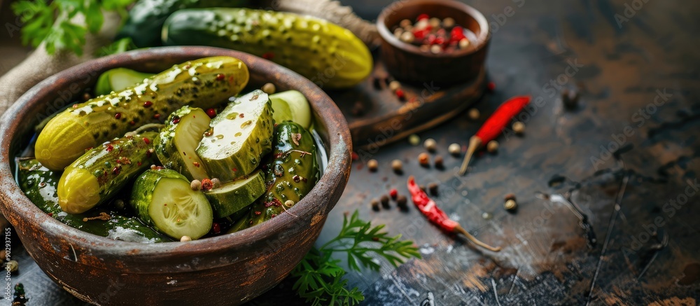 Poster traditional homemade fermented marinated pickled cucumbers with spices and herbs served in a clay bo