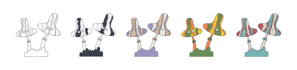 Surrealism set elements. Retro groovy hippie psychedelic mushrooms. Black and white silhouette mushrooms. Colored cartoon mushrooms with eyes. Surreal mushroom with waves. Vector illustration.